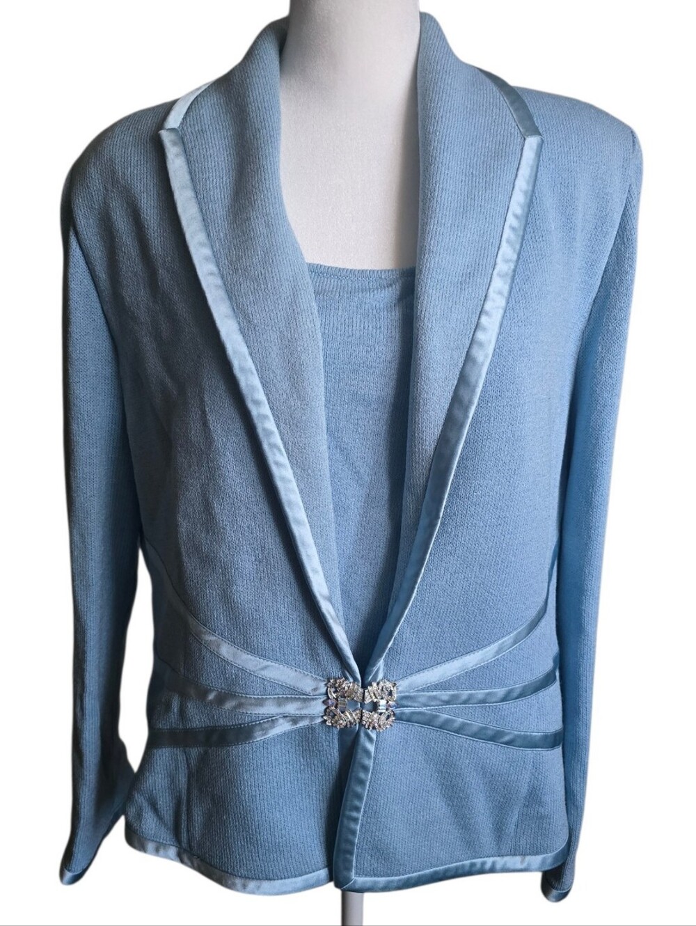 St. John Evening by Marie Gray Powder Blue Knit Jacket Set with Crystal Buckle -